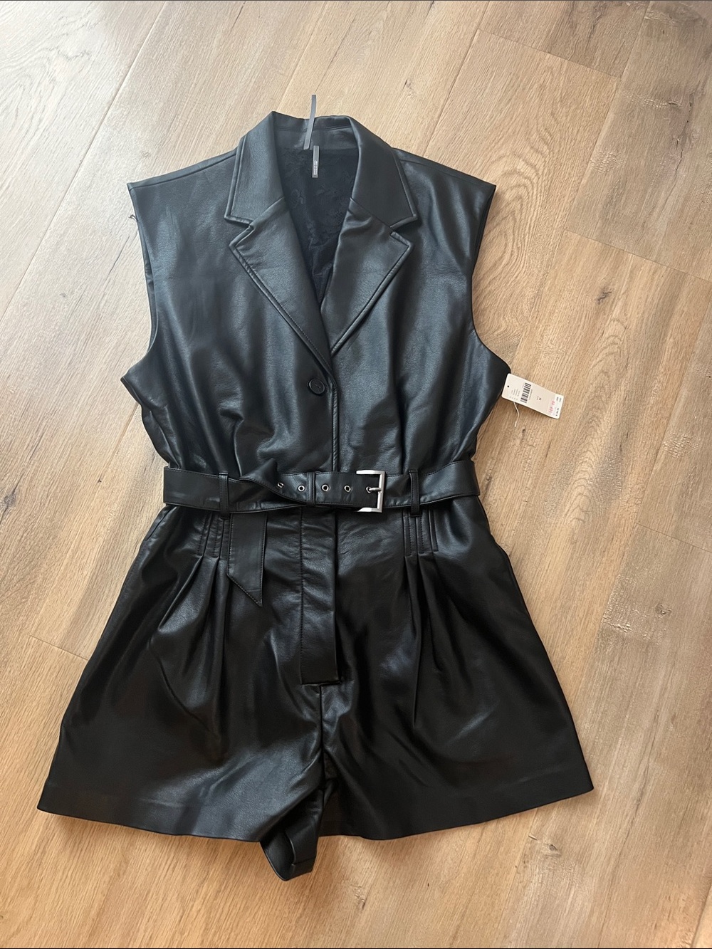Black Faux Leather Sleeveless Romper with Belt